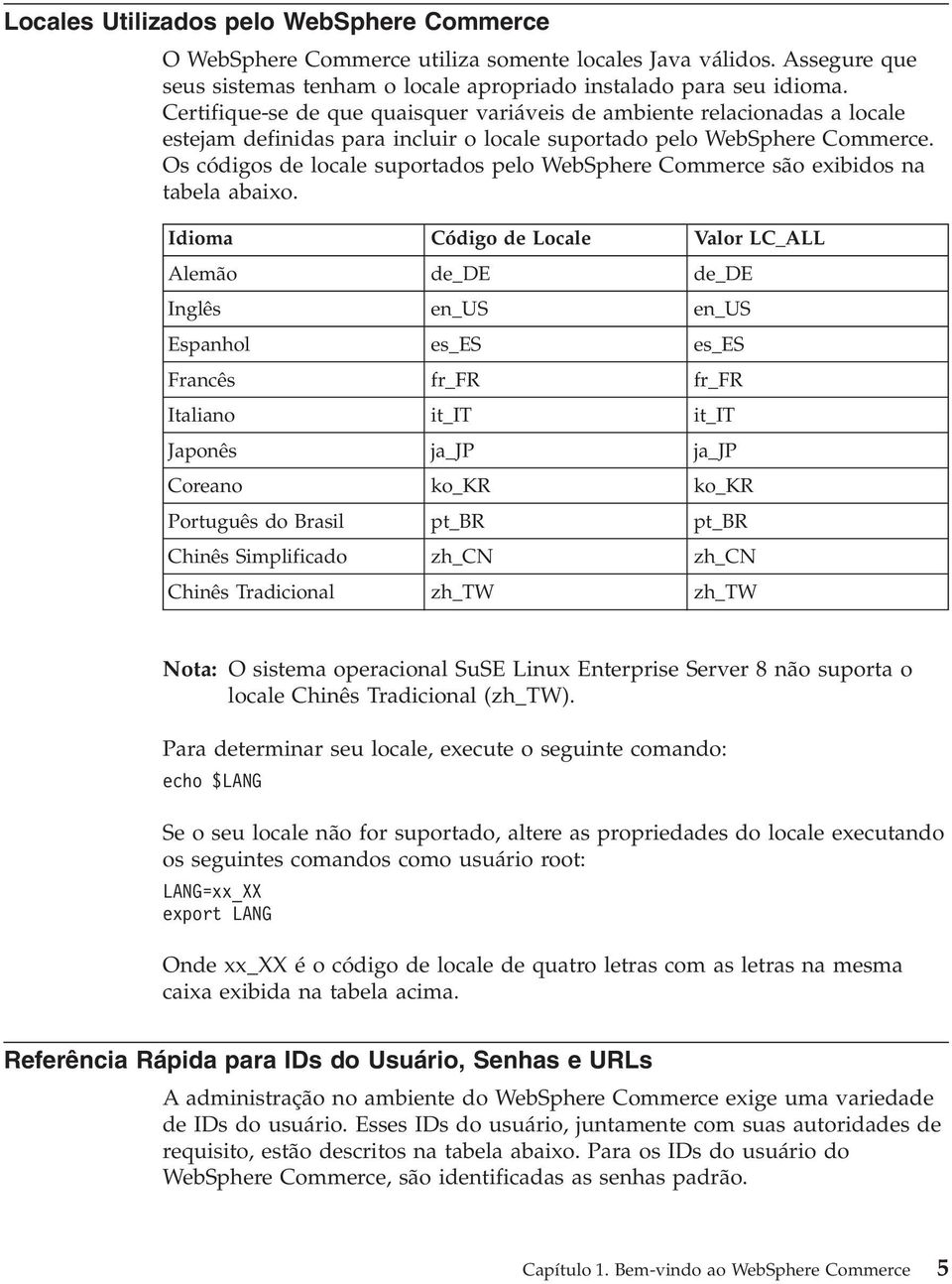 Os códigos de locale suportados pelo WebSphere Commerce são exibidos na tabela abaixo.