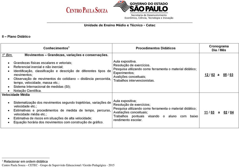 distância percorrida, tempo, velocidade, massa etc.; Sistema Internacional de medidas (SI); Notação Científica.