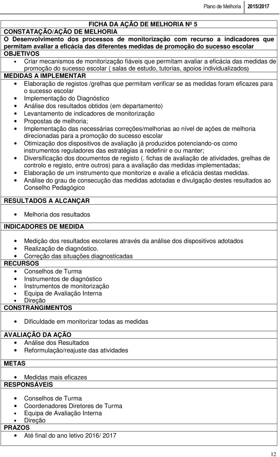 individualizados) MEDIDAS A IMPLEMENTAR Elaboração de registos /grelhas que permitam verificar se as medidas foram eficazes para o sucesso escolar Implementação do Diagnóstico Análise dos resultados