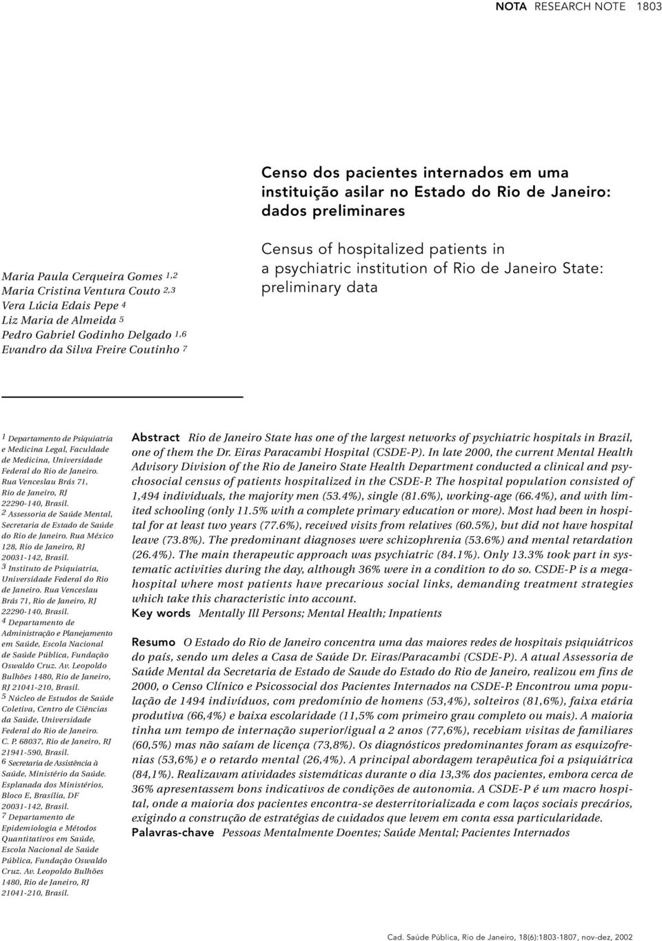 preliminary data 1 Departamento de Psiquiatria e Medicina Legal, Faculdade de Medicina, Universidade Rua Venceslau Brás 71, Rio de Janeiro, RJ 22290-140, Brasil.