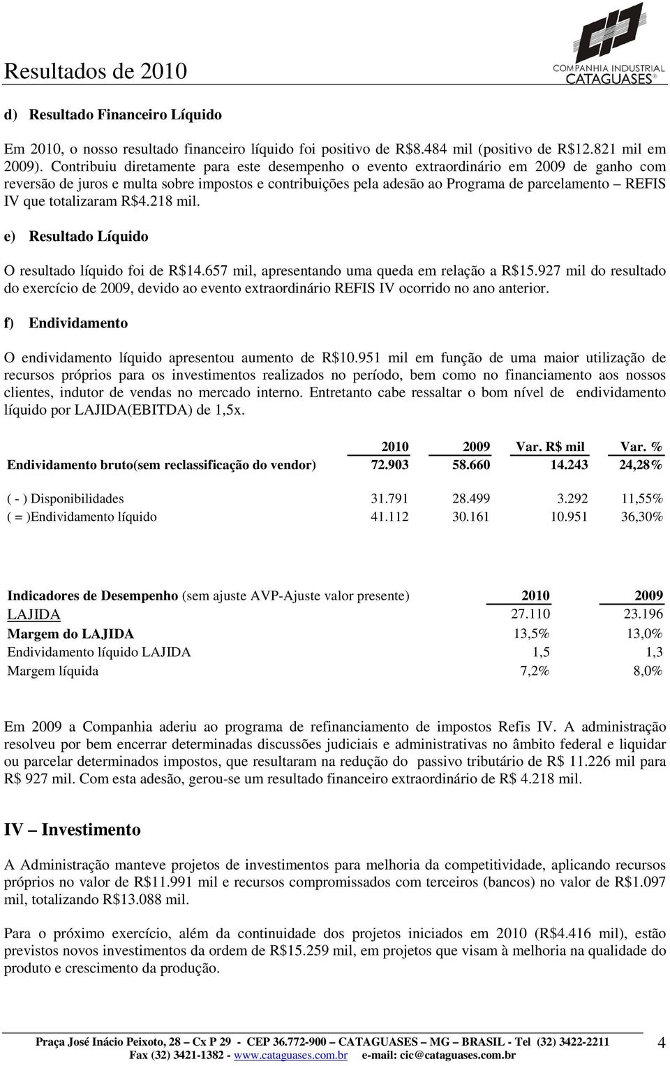 totalizaram R$4.218 mil. e) Resultado Líquido O resultado líquido foi de R$14.657 mil, apresentando uma queda em relação a R$15.