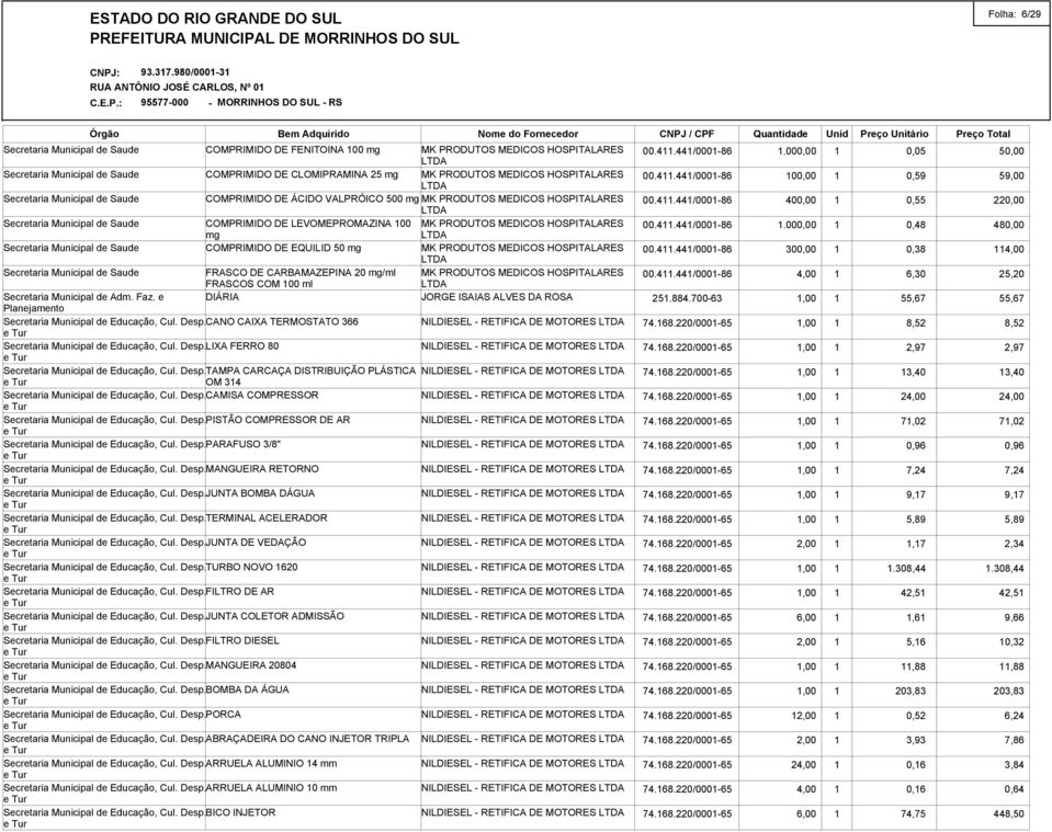 HOSPITALARES FRASCOS COM 100 ml Secretaria Municipal de Adm. Faz. e DIÁRIA JORGE ISAIAS ALVES DA ROSA Secretaria Municipal de Educação, Cul. Desp.