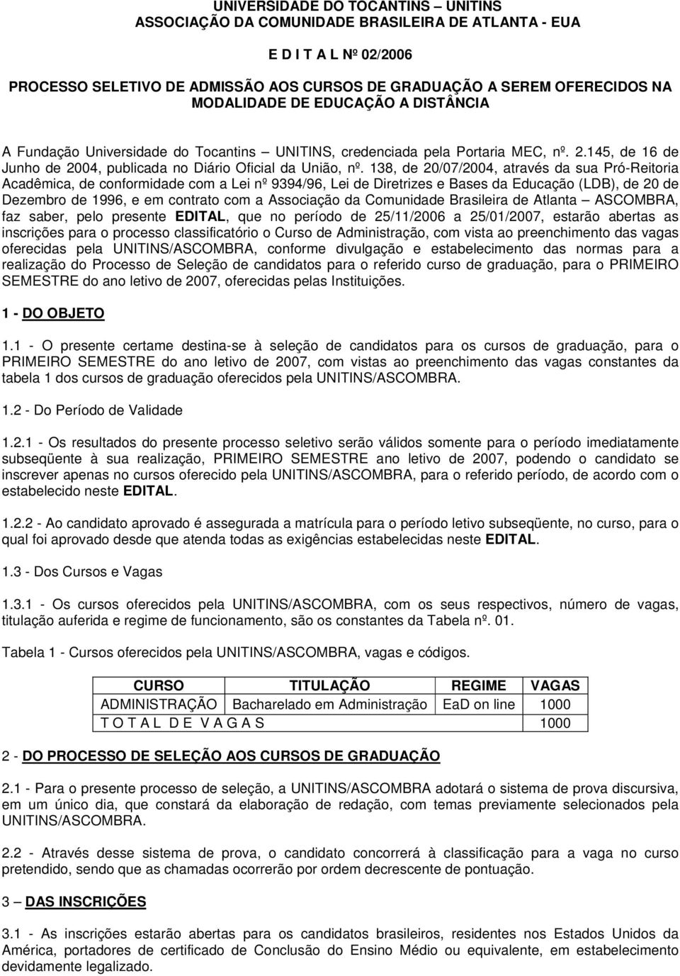 138, de 20/07/2004, através da sua Pró-Reitoria Acadêmica, de conformidade com a Lei nº 9394/96, Lei de Diretrizes e Bases da Educação (LDB), de 20 de Dezembro de 1996, e em contrato com a Associação