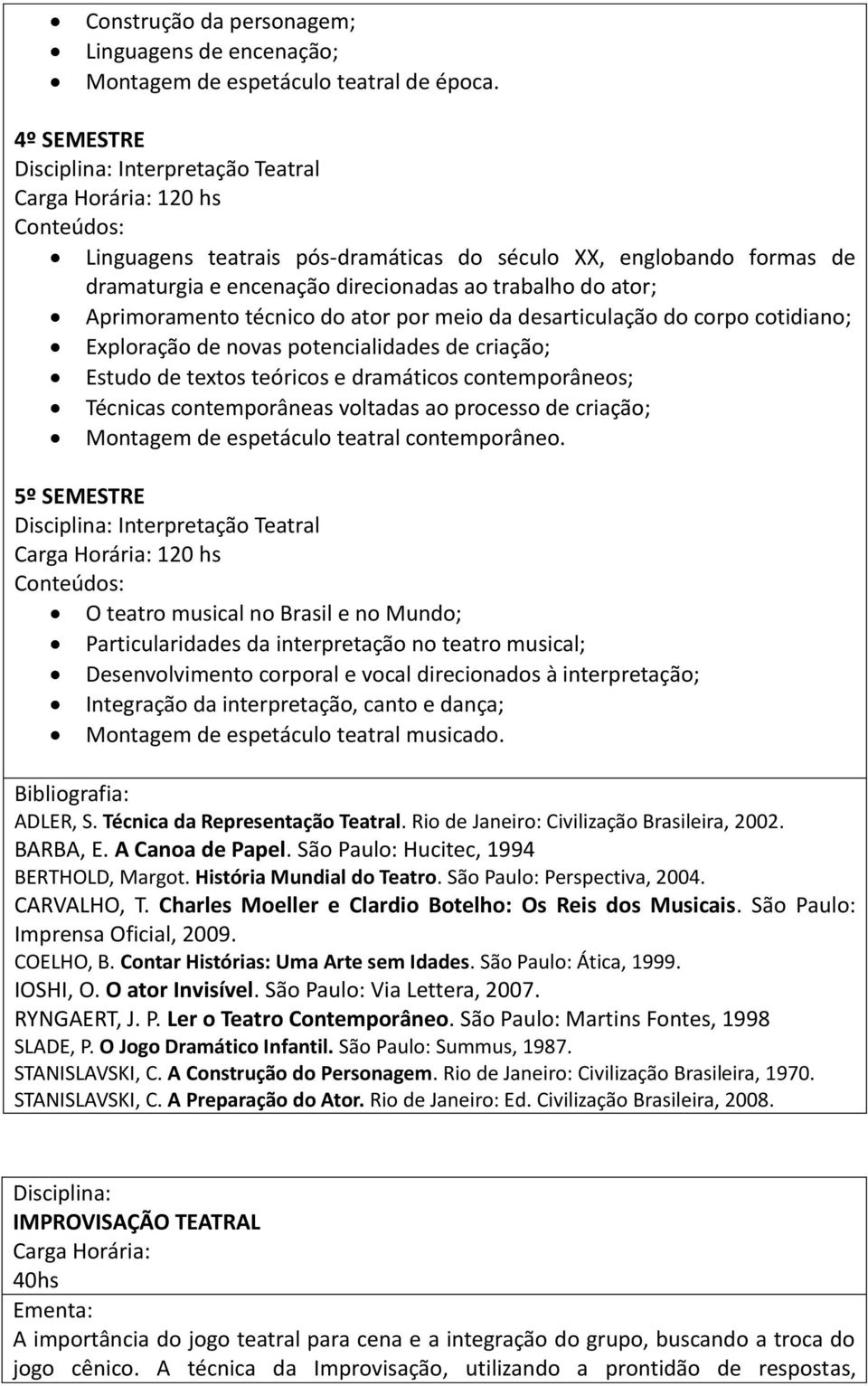 por meio da desarticulação do corpo cotidiano; Exploração de novas potencialidades de criação; Estudo de textos teóricos e dramáticos contemporâneos; Técnicas contemporâneas voltadas ao processo de