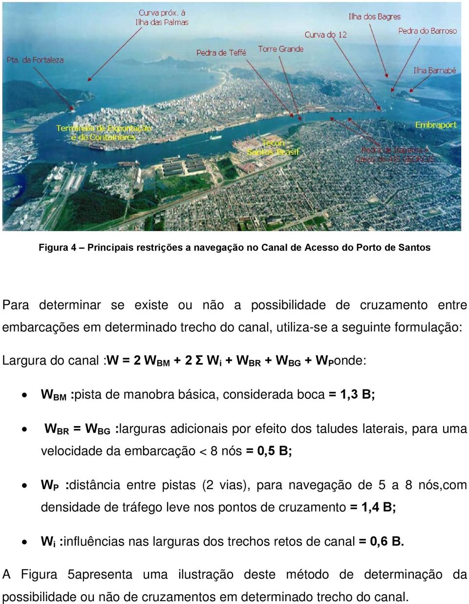 dos taludes laterais, para uma velocidade da embarcação < 8 nós = 0,5 B; W P :distância entre pistas (2 vias), para navegação de 5 a 8 nós,com densidade de tráfego leve nos pontos de cruzamento = 1,4