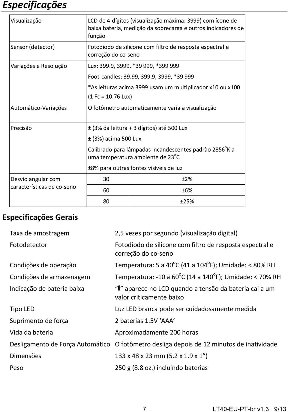 9, 3999, *39 999 *As leituras acima 3999 usam um multiplicador x10 ou x100 (1 Fc = 10.