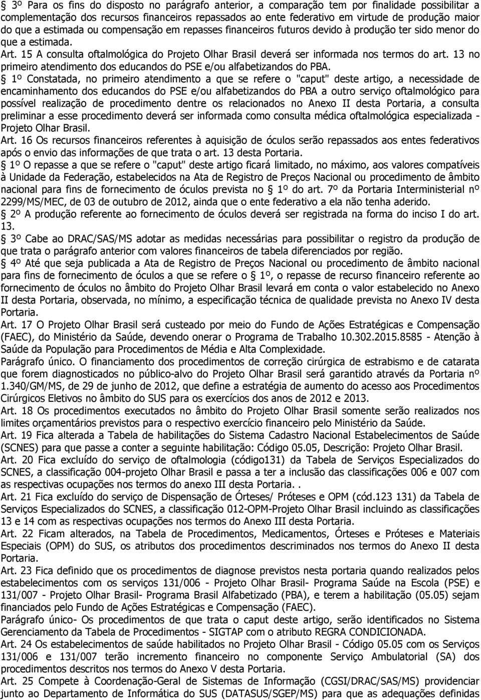 15 A consulta oftalmológica do Projeto Olhar Brasil deverá ser informada nos termos do art. 13 no primeiro atendimento dos educandos do PSE e/ou alfabetizandos do PBA.