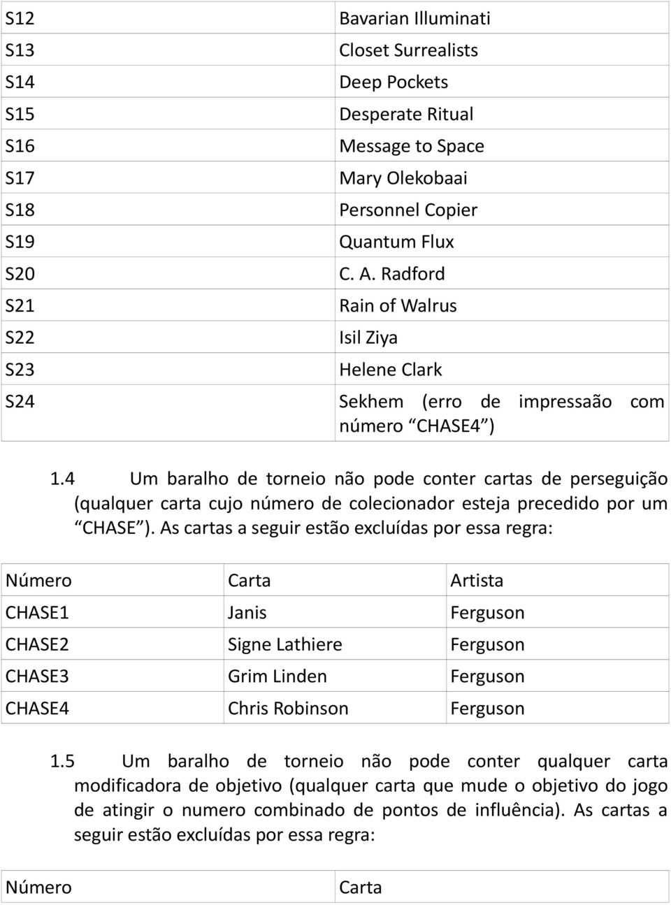 4 Um baralho de torneio não pode conter cartas de perseguição (qualquer carta cujo número de colecionador esteja precedido por um CHASE ).