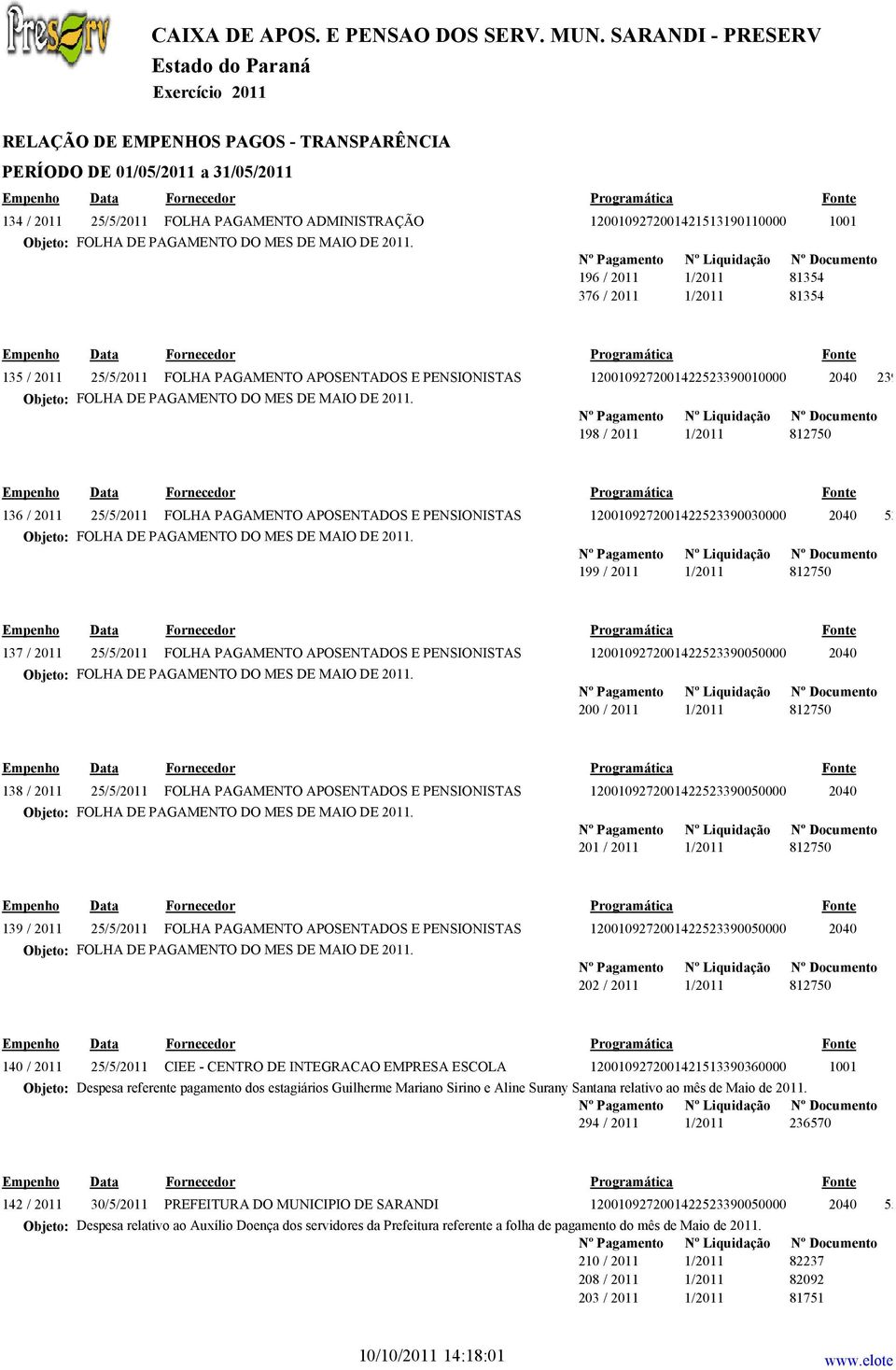 913,27 199 / 2011 1/2011 812750 137 / 2011 25/5/2011 FOLHA PAGAMENTO APOSENTADOS E PENSIONISTAS 1200109272001422523390050000 2040 200 / 2011 1/2011 812750 138 / 2011 25/5/2011 FOLHA PAGAMENTO