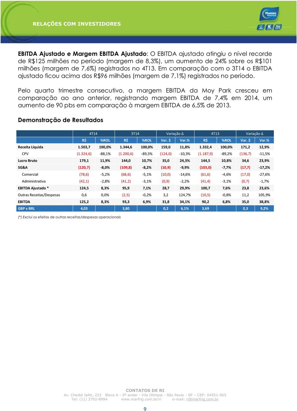 Pelo quarto trimestre consecutivo, a margem EBITDA da Moy Park cresceu em comparação ao ano anterior, registrando margem EBITDA de 7,4% em 2014, um aumento de 90 pbs em comparação à margem EBITDA de