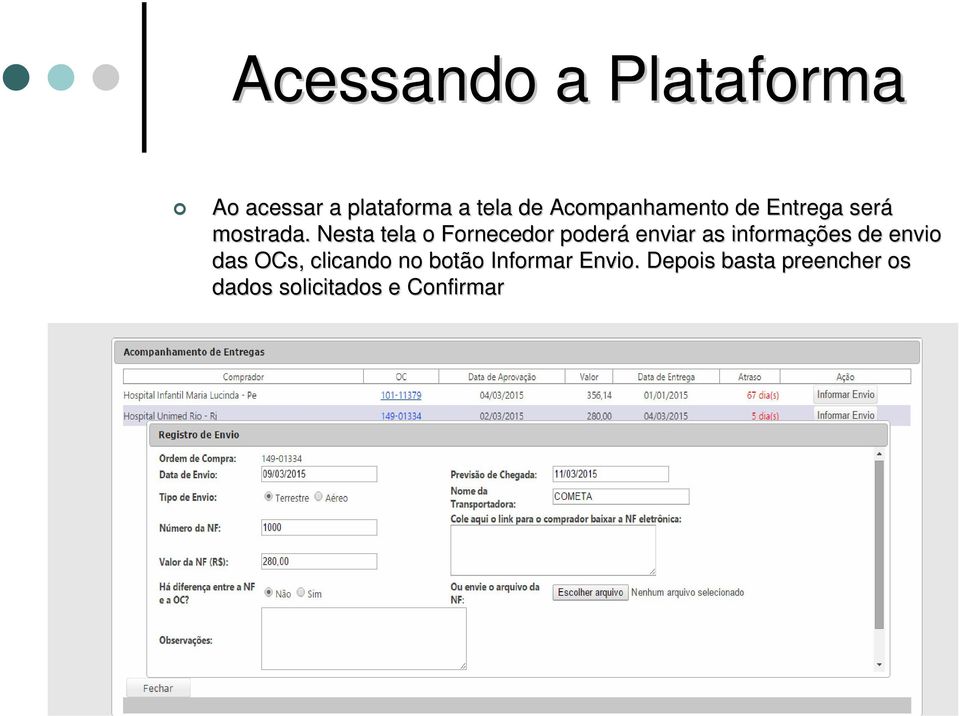 Nesta tela o Fornecedor poderá enviar as informações de envio