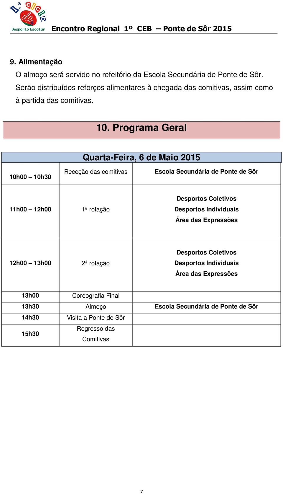 Programa Geral Quarta-Feira, 6 de Maio 2015 10h00 10h30 Receção das comitivas Escola Secundária de Ponte de Sôr 11h00 12h00 1ª rotação Desportos