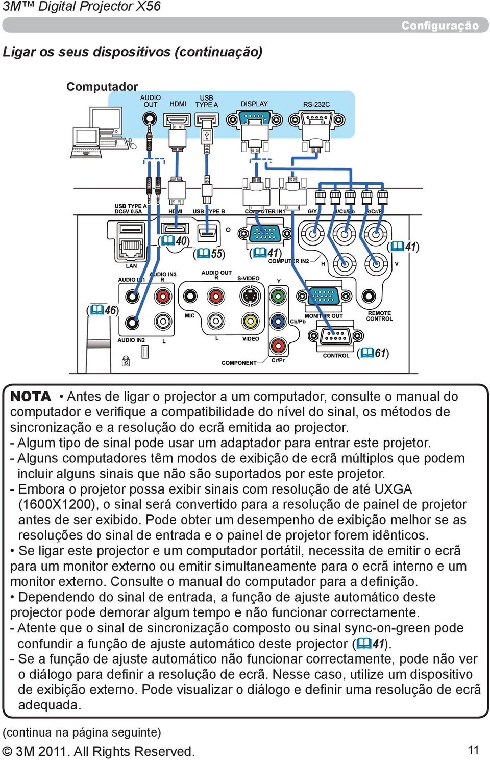 - Alguns computadores têm modos de exibição de ecrã múltiplos que podem incluir alguns sinais que não são suportados por este projetor.