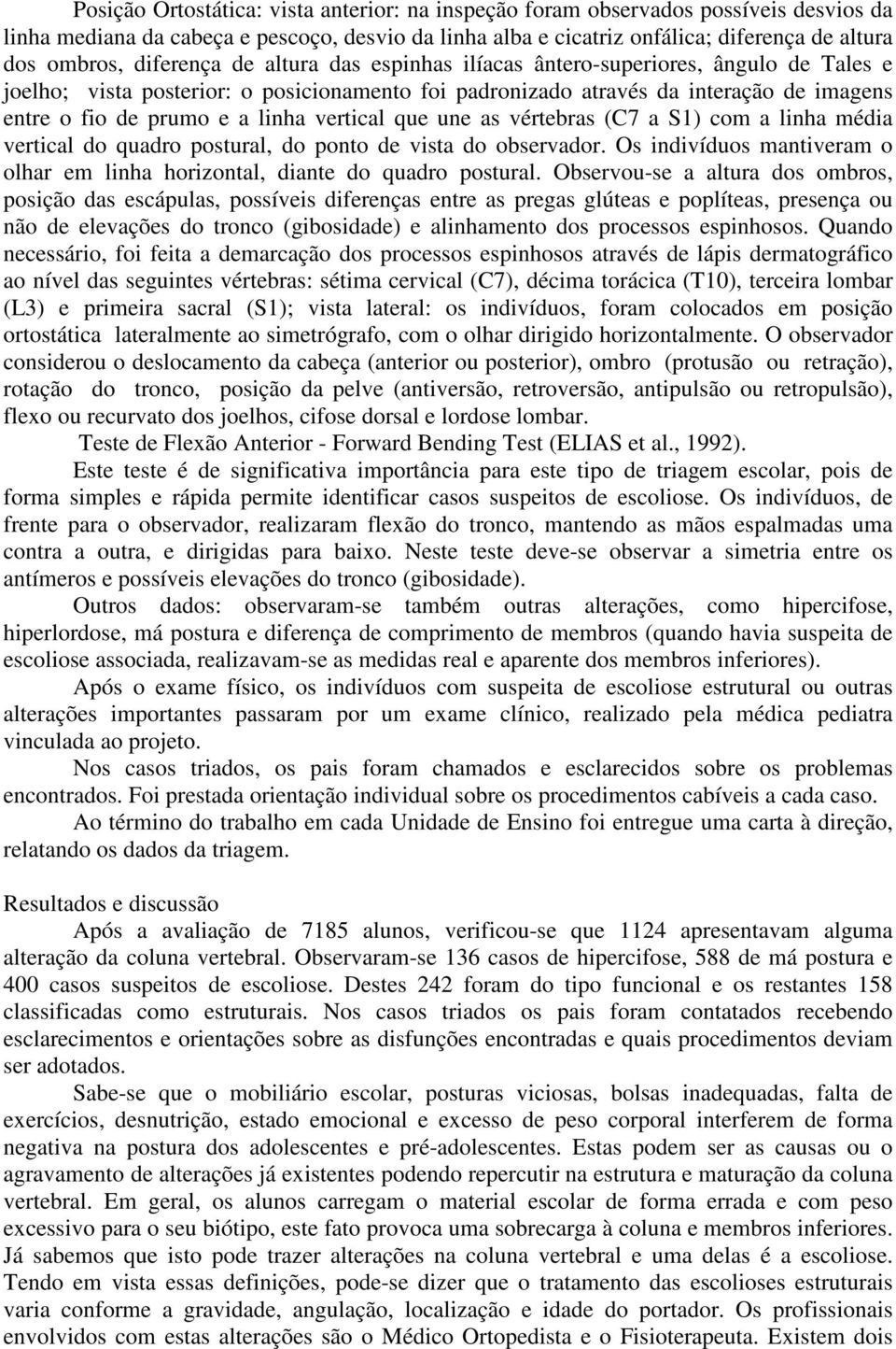 vertical que une as vértebras (C7 a S1) com a linha média vertical do quadro postural, do ponto de vista do observador. Os indivíduos mantiveram o olhar em linha horizontal, diante do quadro postural.