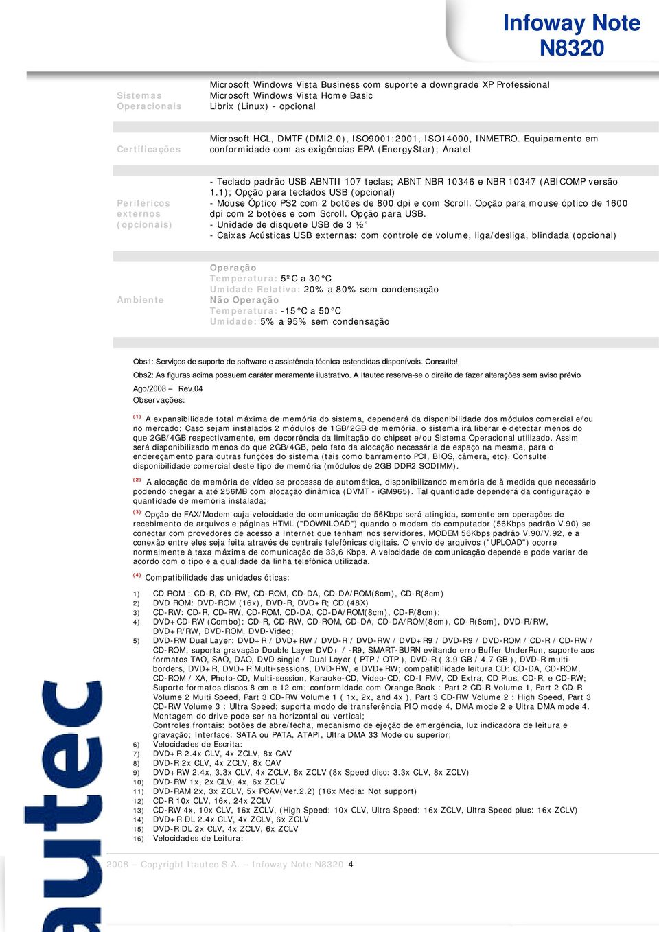 Equipamento em conformidade com as exigências EPA (EnergyStar); Anatel Periféricos externos (opcionais) - Teclado padrão USB ABNTII 107 teclas; ABNT NBR 10346 e NBR 10347 (ABICOMP versão 1.