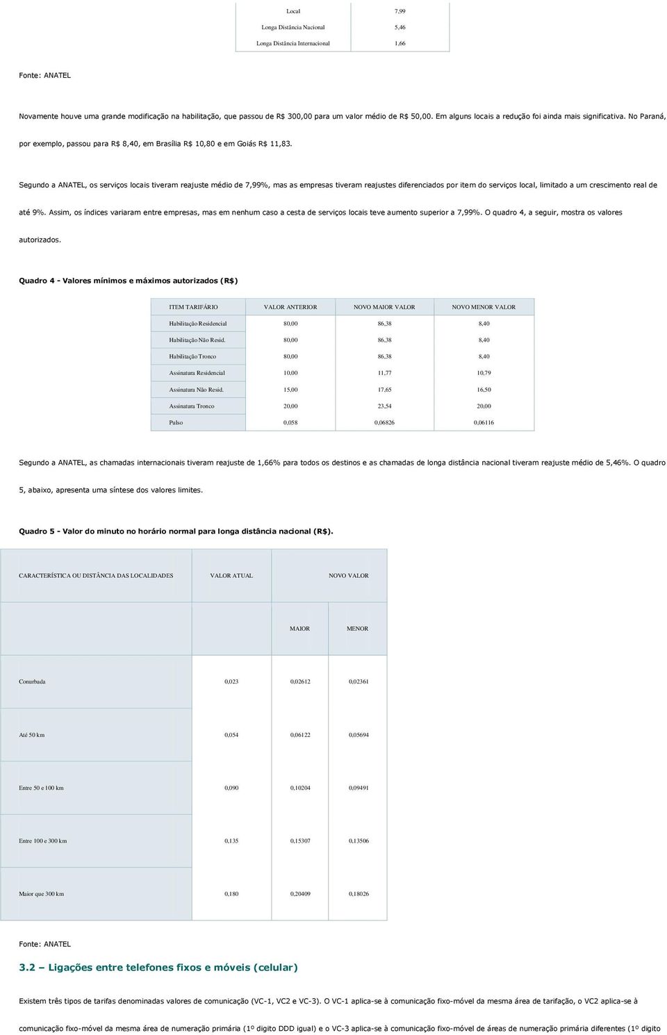 Segundo a ANATEL, os serviços locais tiveram reajuste médio de 7,%, mas as empresas tiveram reajustes diferenciados por item do serviços local, limitado a um crescimento real de até %.