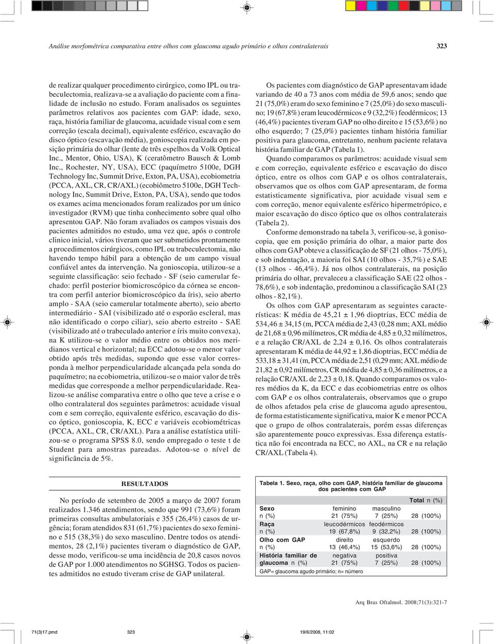 Foram analisados os seguintes parâmetros relativos aos pacientes com GAP: idade, sexo, raça, história familiar de glaucoma, acuidade visual com e sem correção (escala decimal), equivalente esférico,