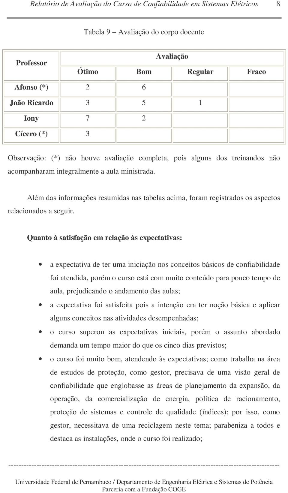 Quanto à satisfação em relação às expectativas: a expectativa de ter uma iniciação nos conceitos básicos de confiabilidade foi atendida, porém o curso está com muito conteúdo para pouco tempo de