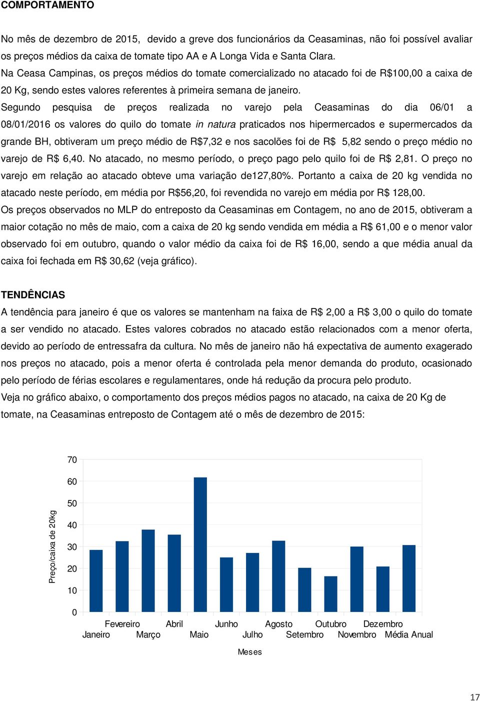 Segundo pesquisa de preços realizada no varejo pela Ceasaminas do dia 06/01 a 08/01/2016 os valores do quilo do tomate in natura praticados nos hipermercados e supermercados da grande BH, obtiveram