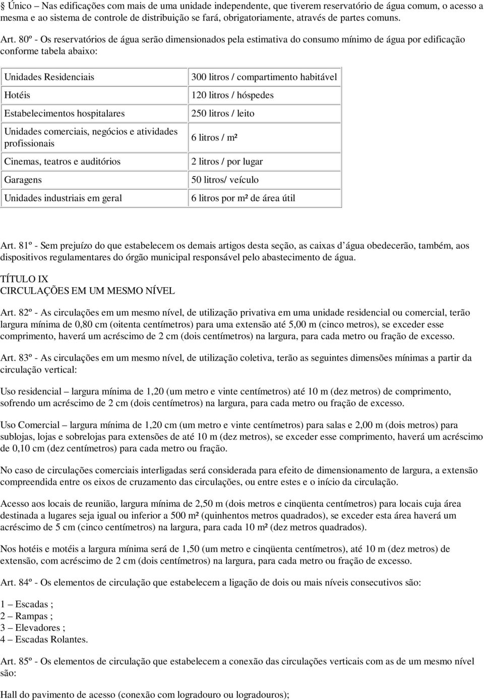 80º - Os reservatórios de água serão dimensionados pela estimativa do consumo mínimo de água por edificação conforme tabela abaixo: Unidades Residenciais Hotéis Estabelecimentos hospitalares Unidades