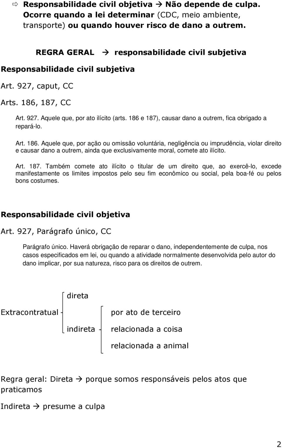 186 e 187), causar dano a outrem, fica obrigado a repará-lo. Art. 186.