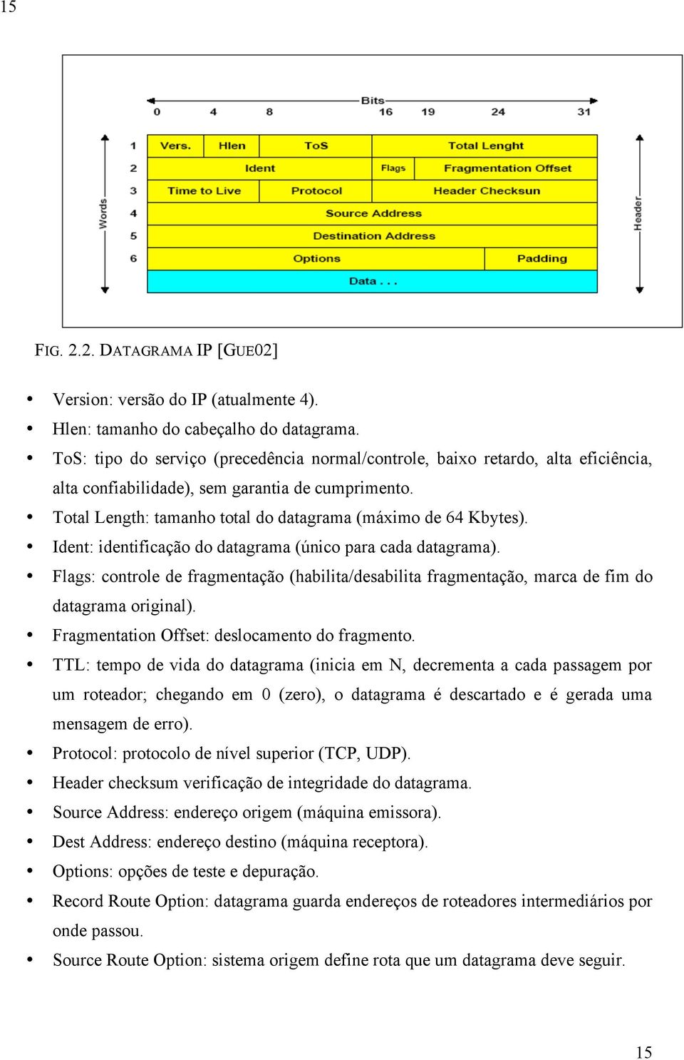 Ident: identificação do datagrama (único para cada datagrama). Flags: controle de fragmentação (habilita/desabilita fragmentação, marca de fim do datagrama original).