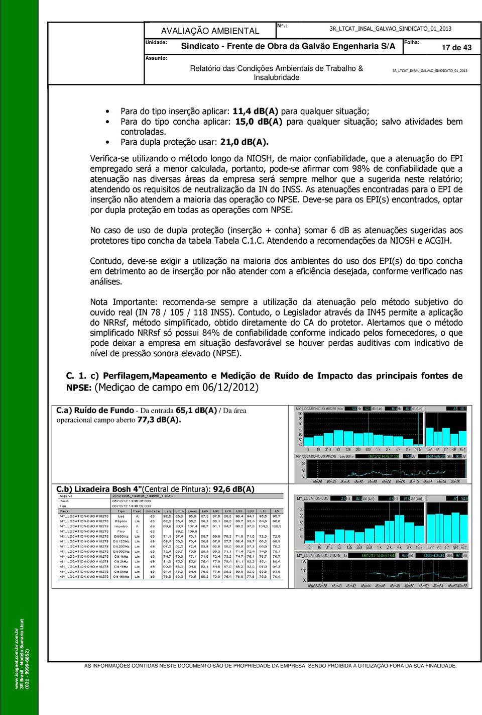 Verifica-se utilizando o método longo da NIOSH, de maior confiabilidade, que a atenuação do EPI empregado será a menor calculada, portanto, pode-se afirmar com 98% de confiabilidade que a atenuação