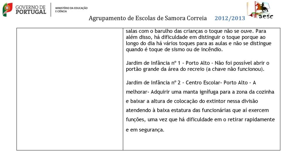 incêndio. Jardim de Infância nº 1 Porto Alto Não foi possível abrir o portão grande da área do recreio (a chave não funcionou).