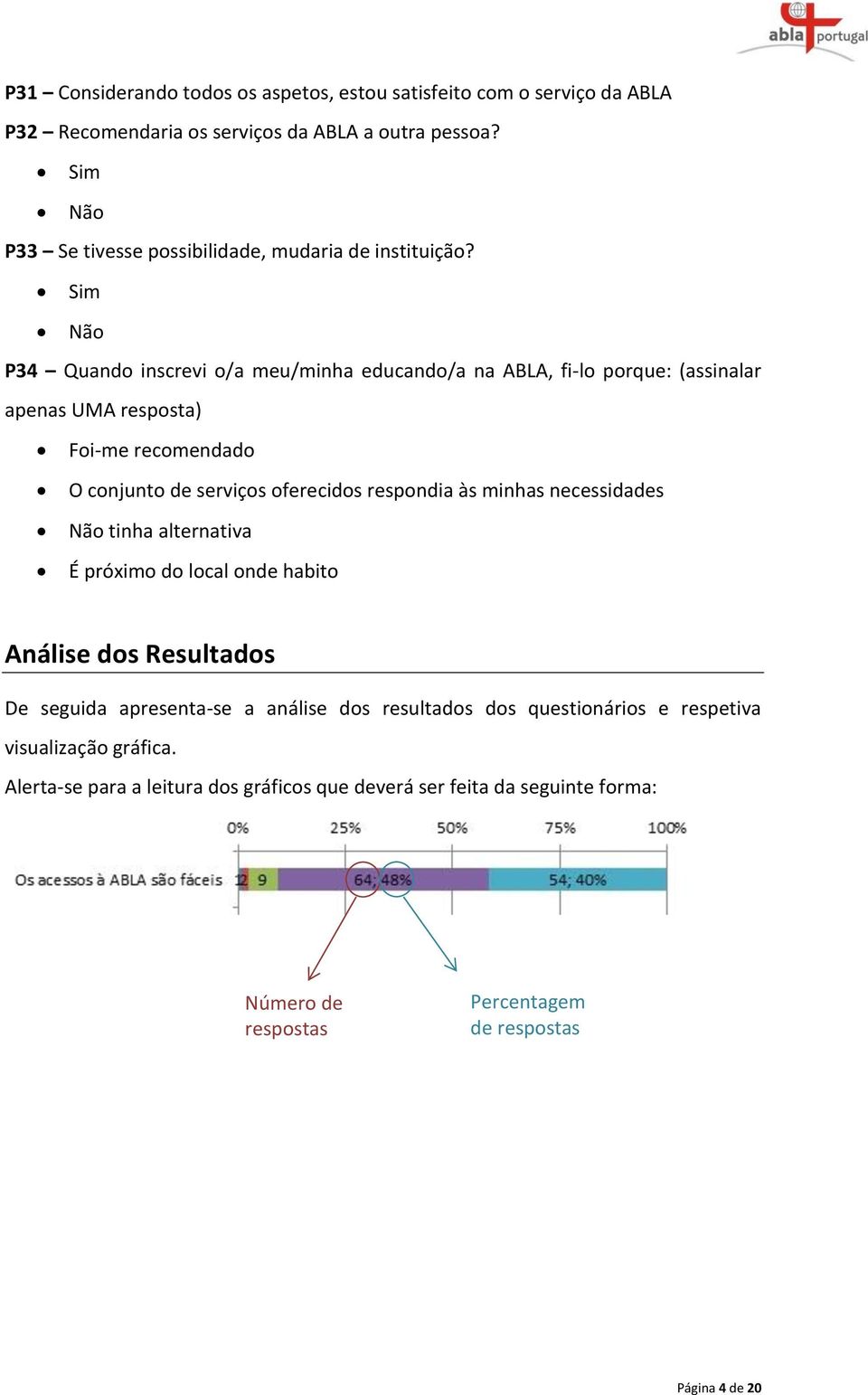 Sim Não P34 Quando inscrevi o/a meu/minha educando/a na ABLA, fi-lo porque: (assinalar apenas UMA resposta) Foi-me recomendado O conjunto de serviços oferecidos respondia às