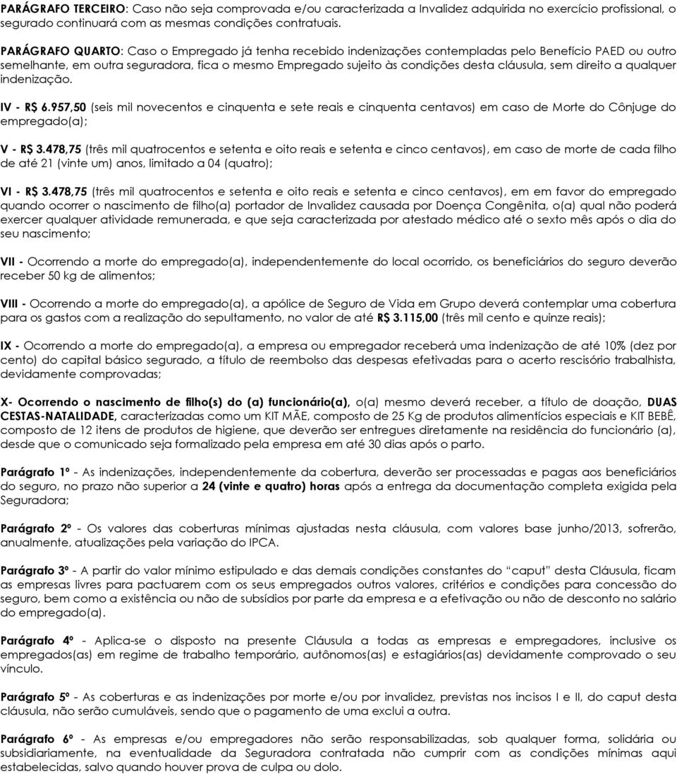 cláusula, sem direito a qualquer indenização. IV - R$ 6.957,50 (seis mil novecentos e cinquenta e sete reais e cinquenta centavos) em caso de Morte do Cônjuge do empregado(a); V - R$ 3.