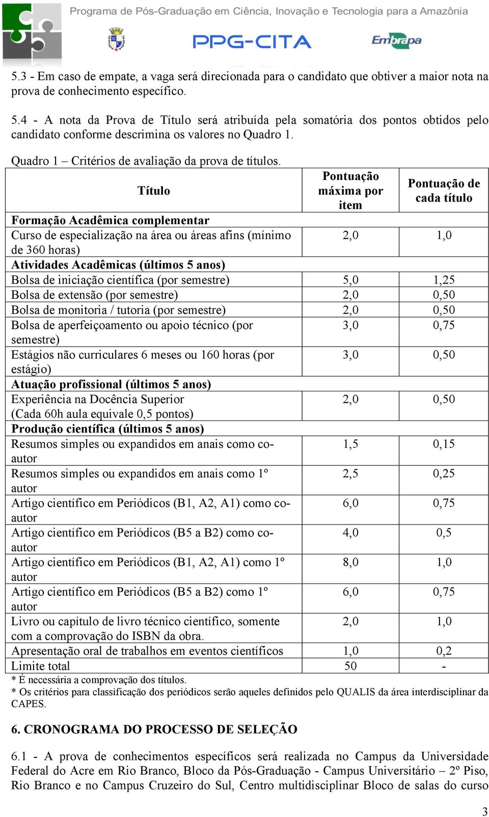 Título Formação Acadêmica complementar Curso de especialização na área ou áreas afins (mínimo de 360 horas) Pontuação máxima por item Pontuação de cada título 2,0 1,0 Atividades Acadêmicas (últimos 5