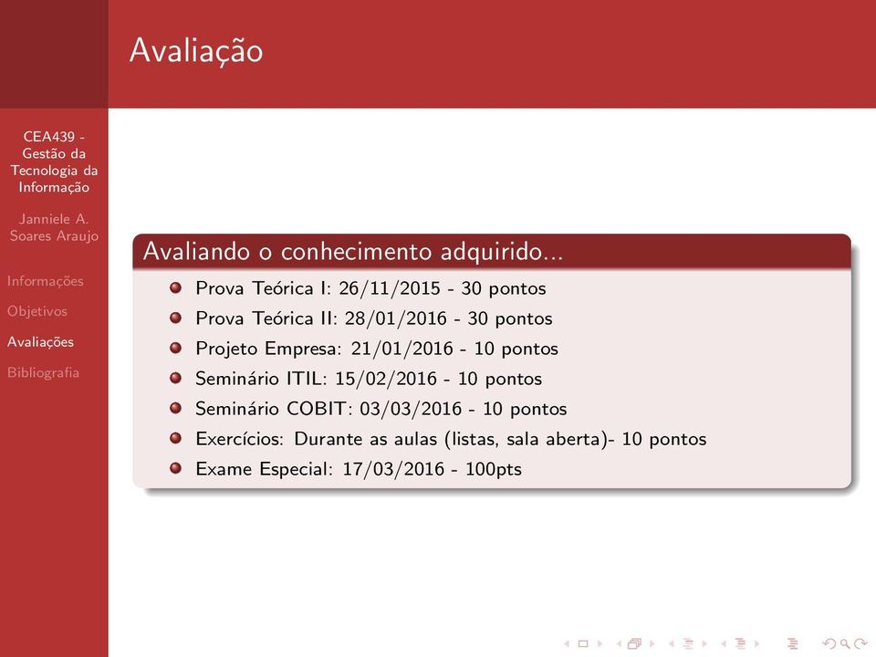 Projeto Empresa: 21/01/2016-10 pontos Seminário ITIL: 15/02/2016-10 pontos