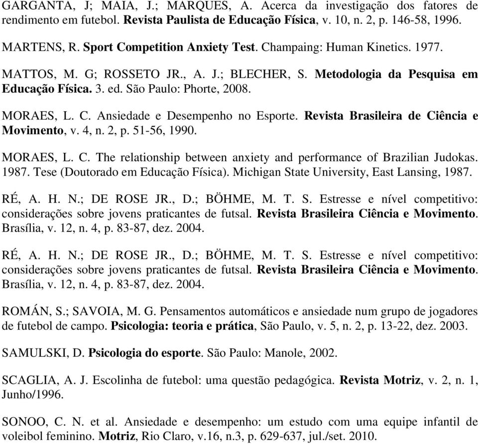 Revista Brasileira de Ciência e Movimento, v. 4, n. 2, p. 51-56, 1990. MORAES, L. C. The relationship between anxiety and performance of Brazilian Judokas. 1987. Tese (Doutorado em Educação Física).