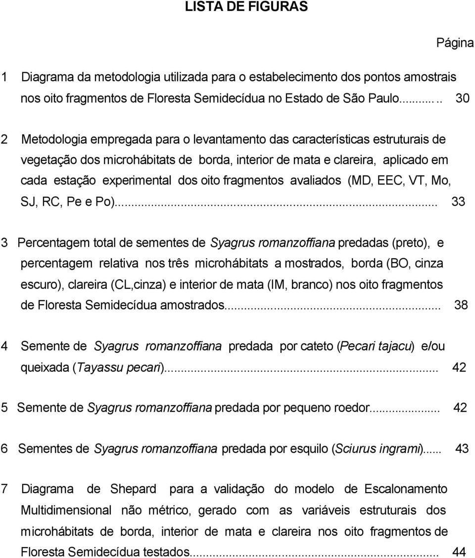 fragmentos avaliados (MD, EEC, VT, Mo, SJ, RC, Pe e Po).