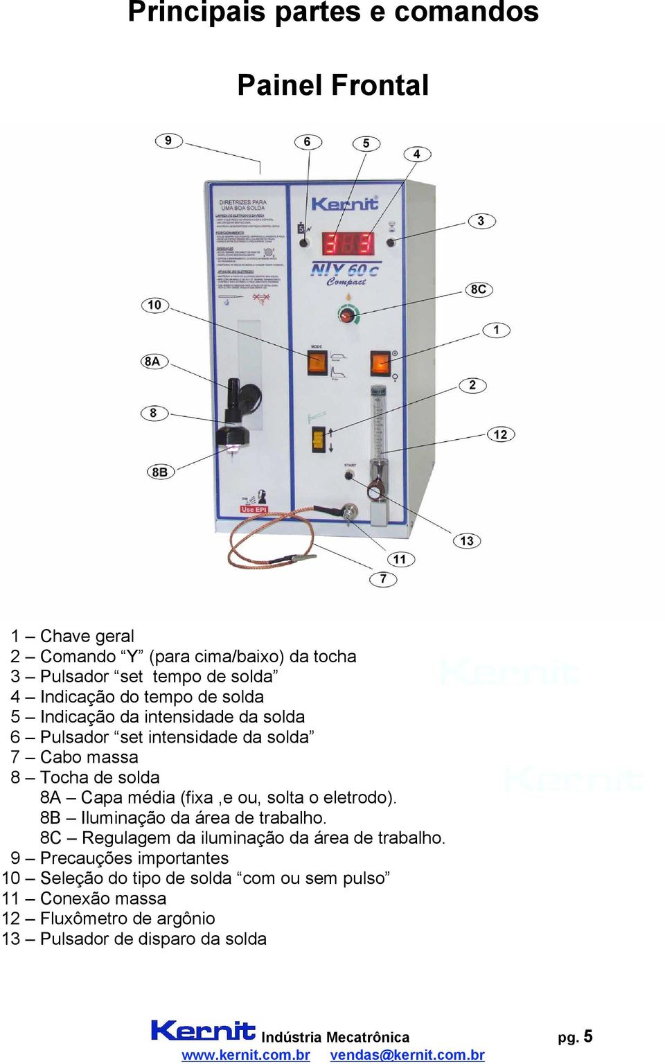 (fixa,e ou, solta o eletrodo). 8B Iluminação da área de trabalho. 8C Regulagem da iluminação da área de trabalho.