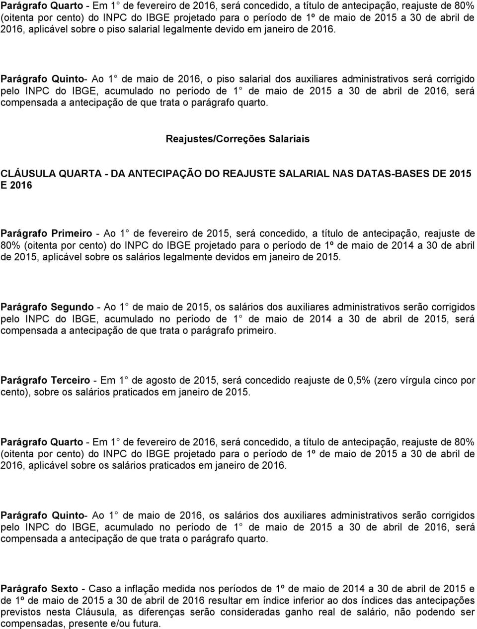 Parágrafo Quinto- Ao 1 de maio de 2016, o piso salarial dos auxiliares administrativos será corrigido pelo INPC do IBGE, acumulado no período de 1 de maio de 2015 a 30 de abril de 2016, será