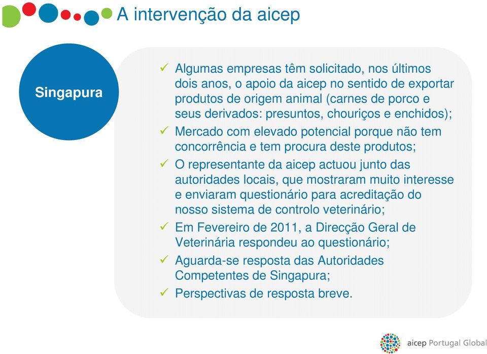 aicep actuou junto das autoridades locais, que mostraram muito interesse e enviaram questionário para acreditação do nosso sistema de controlo veterinário; Em