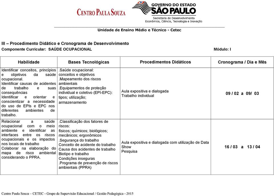 Identificar causas de acidentes de trabalho e suas consequências Identificar e orientar e conscientizar a necessidade do uso de EPIs e EPC nos diferentes ambientes de Relacionar a saúde ocupacional