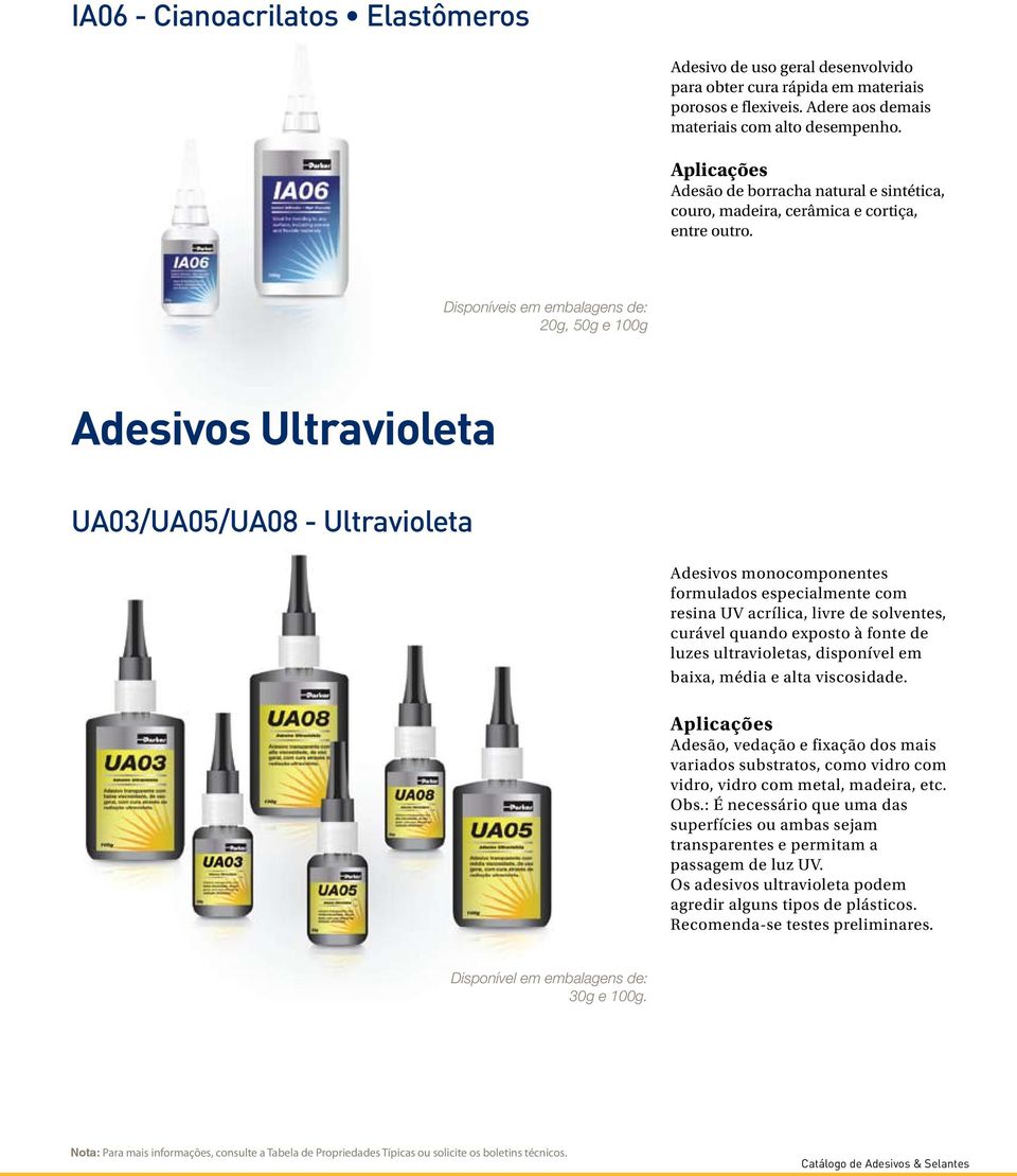 Disponíveis em embalagens de: 20g, 50g e 100g Adesivos Ultravioleta UA03/UA05/UA08 - Ultravioleta Adesivos monocomponentes formulados especialmente com resina UV acrílica, livre de solventes, curável