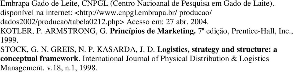 Princípios de Marketing. 7ª edição, Prentice-Hall, Inc., 1999. STOCK, G. N. GREIS, N. P. KASARDA, J. D.