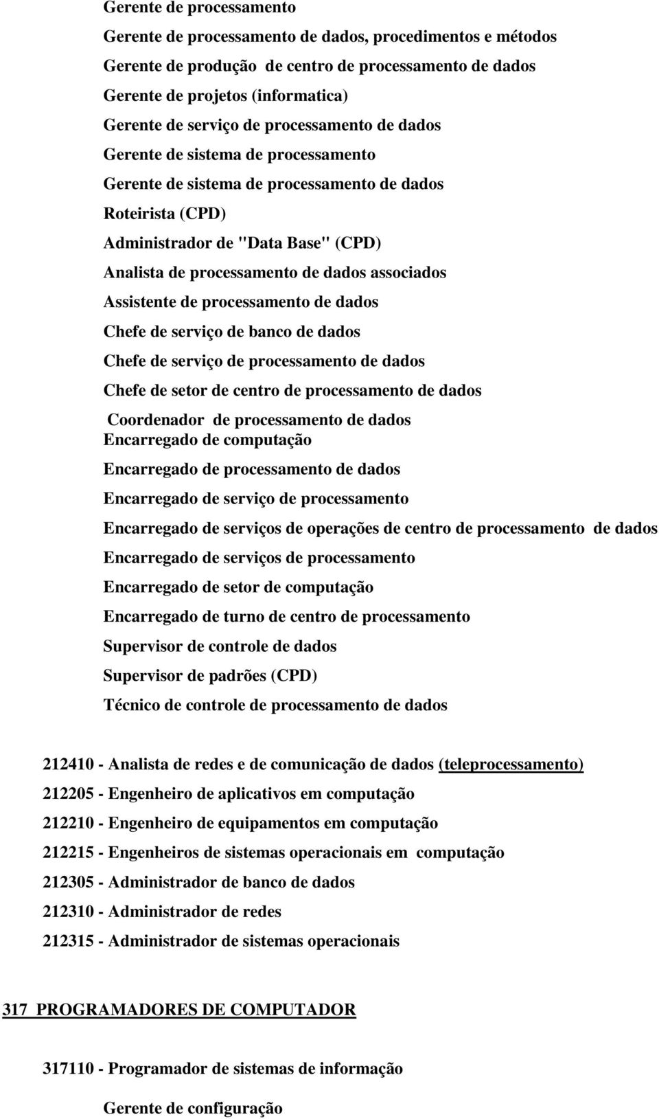 associados Assistente de processamento de dados Chefe de serviço de banco de dados Chefe de serviço de processamento de dados Chefe de setor de centro de processamento de dados Coordenador de