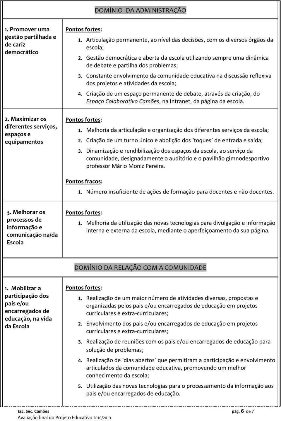 Constante envolvimento da comunidade educativa na discussão reflexiva dos projetos e atividades da escola; 4.