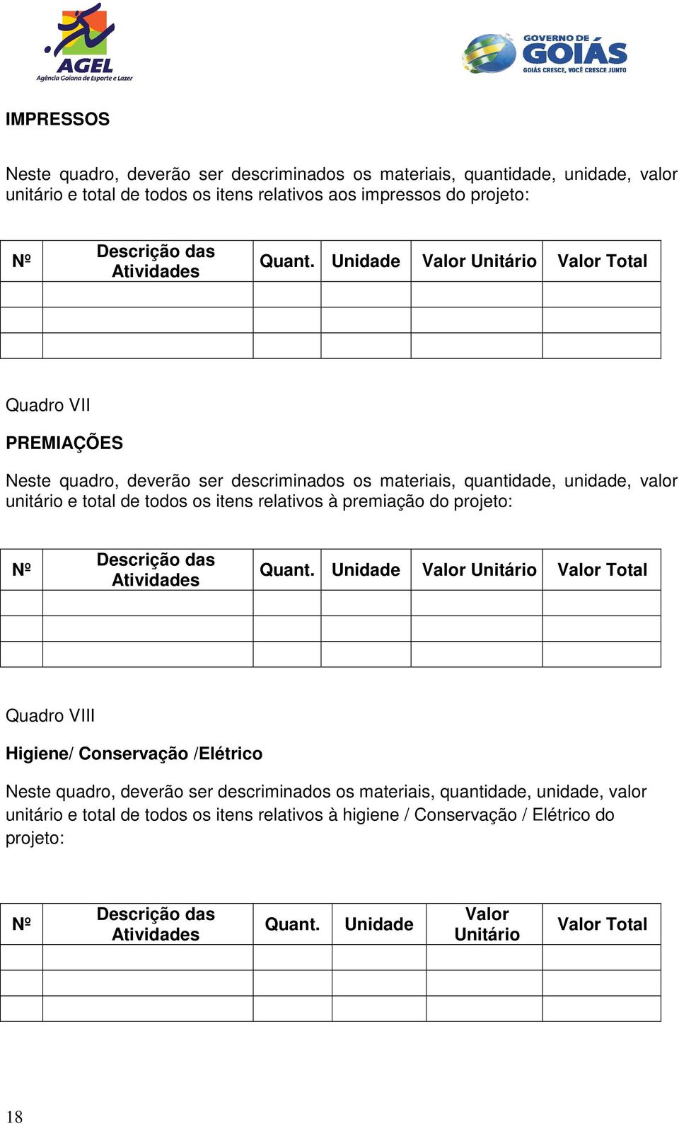 itens relativos à premiação do projeto: Nº Quant.