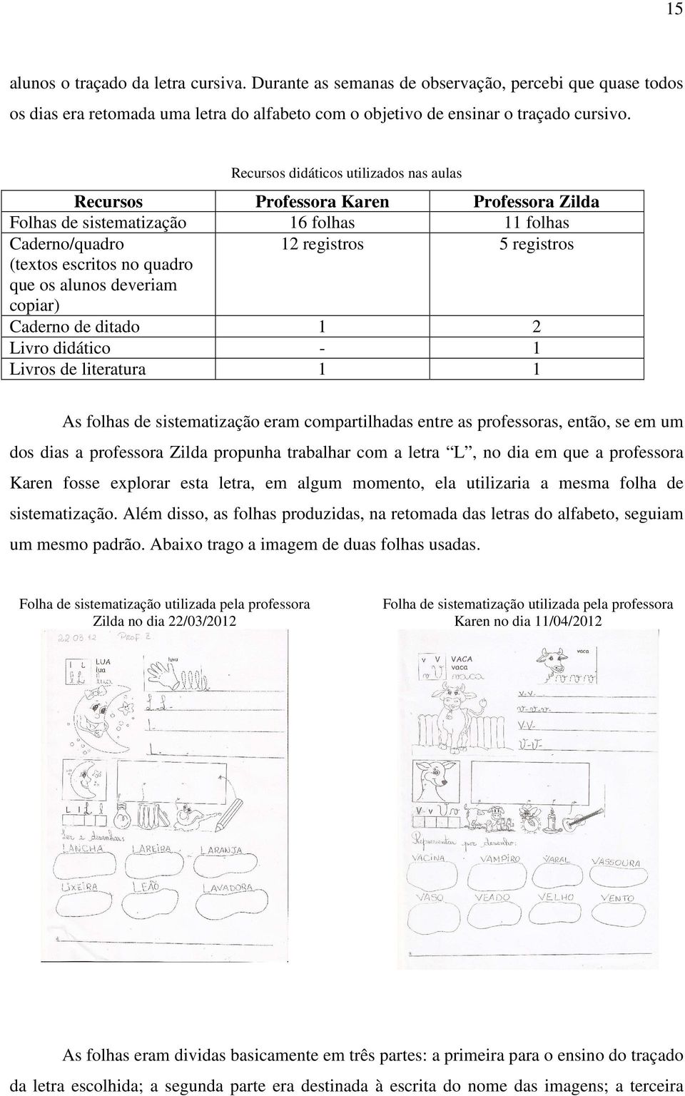 os alunos deveriam copiar) Caderno de ditado 1 2 Livro didático - 1 Livros de literatura 1 1 As folhas de sistematização eram compartilhadas entre as professoras, então, se em um dos dias a