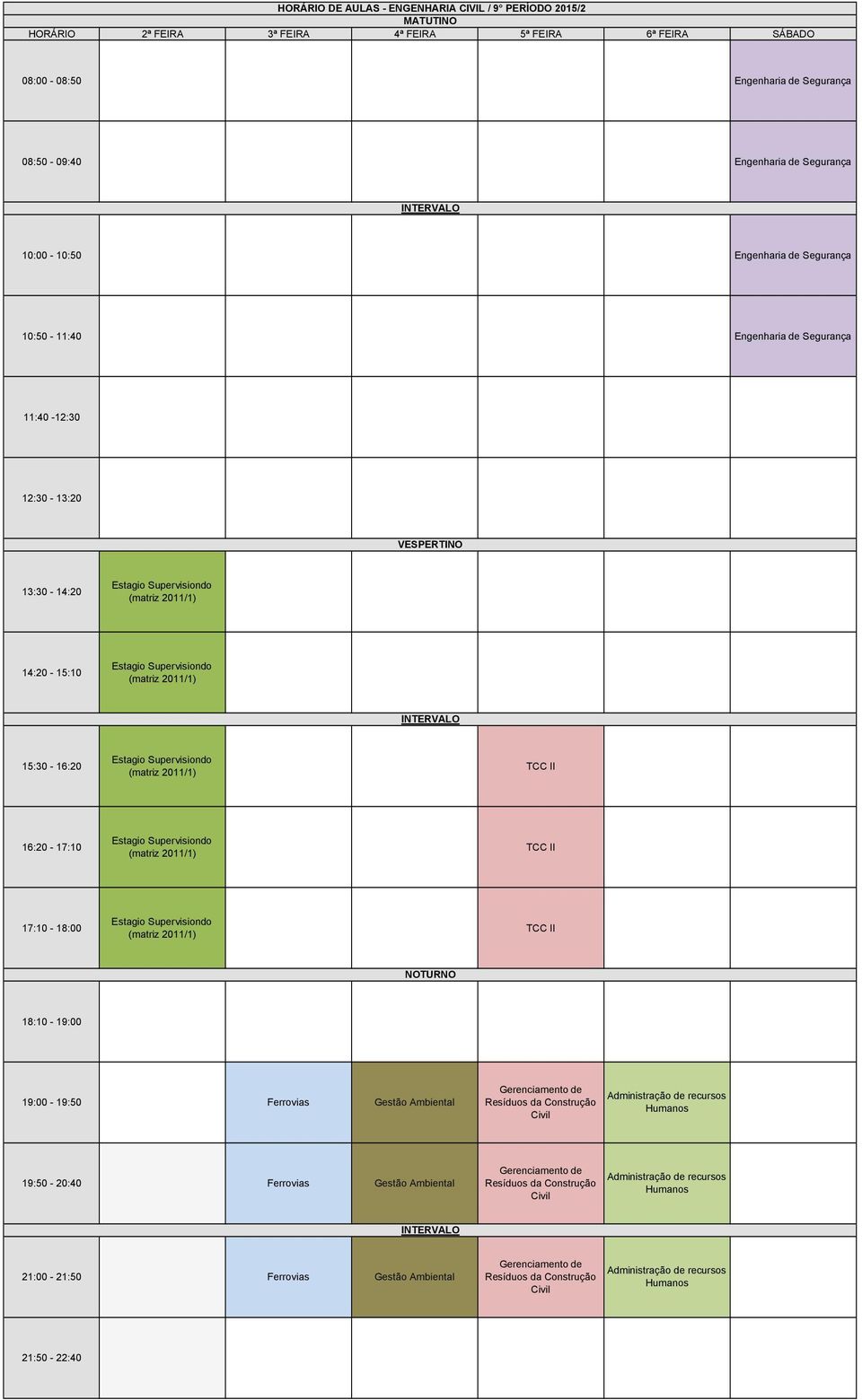 (matriz 2011/1) TCC II 19:00-19:50 Ferrovias Gestão Ambiental Gerenciamento de Resíduos da Construção Civil Administração de recursos Humanos 19:50-20:40 Ferrovias Gestão Ambiental