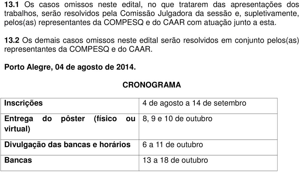 2 Os demais casos omissos neste edital serão resolvidos em conjunto pelos(as) representantes da COMPESQ e do CAAR.