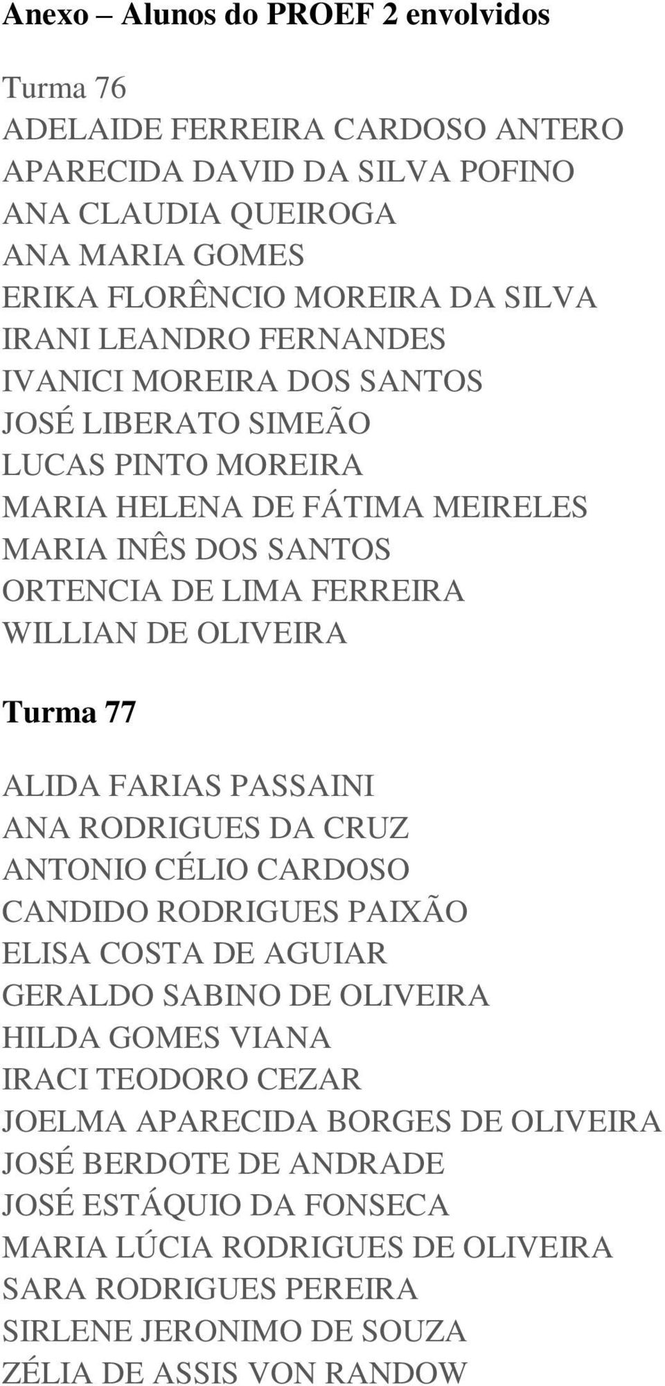 Turma 77 ALIDA FARIAS PASSAINI ANA RODRIGUES DA CRUZ ANTONIO CÉLIO CARDOSO CANDIDO RODRIGUES PAIXÃO ELISA COSTA DE AGUIAR GERALDO SABINO DE OLIVEIRA HILDA GOMES VIANA IRACI TEODORO CEZAR