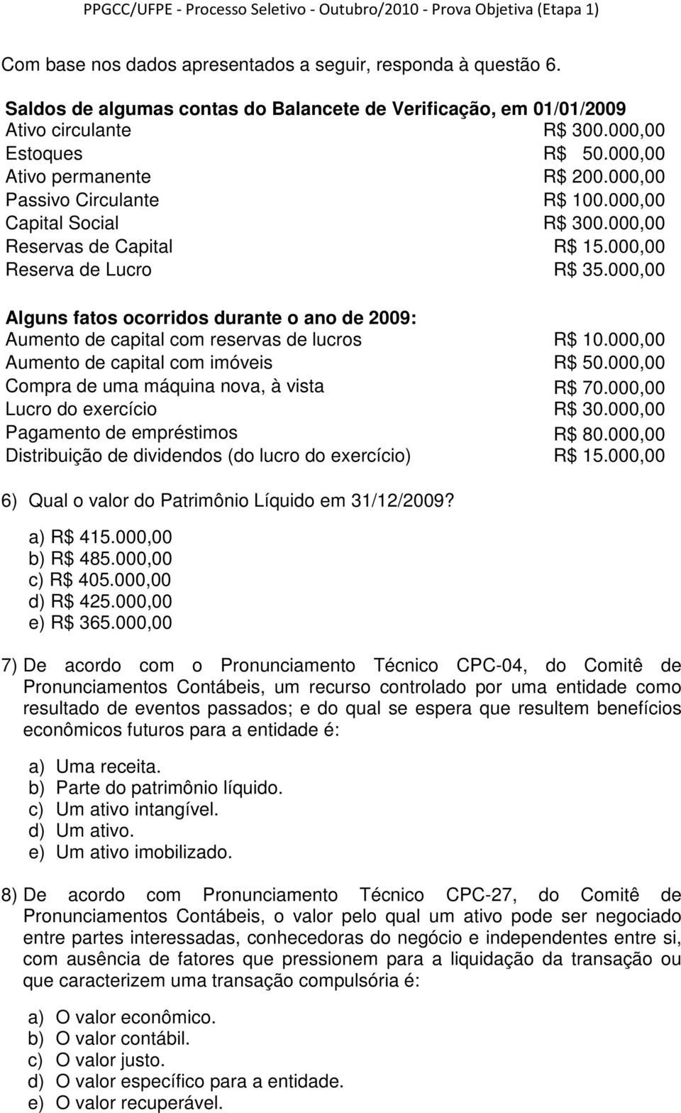 000,00 Alguns fatos ocorridos durante o ano de 2009: Aumento de capital com reservas de lucros R$ 10.000,00 Aumento de capital com imóveis R$ 50.000,00 Compra de uma máquina nova, à vista R$ 70.