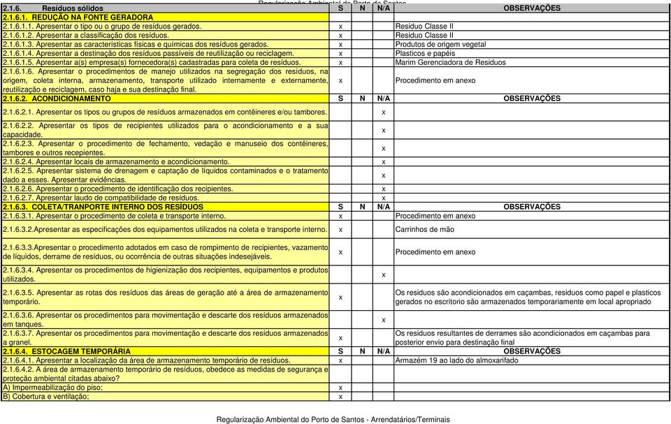 1.6.1.4. Apresentar a destinação dos resíduos passíveis de reutilização ou reciclagem. Plasticos e papéis 2.1.6.1.5. Apresentar a(s) empresa(s) fornecedora(s) cadastradas para coleta de resíduos.