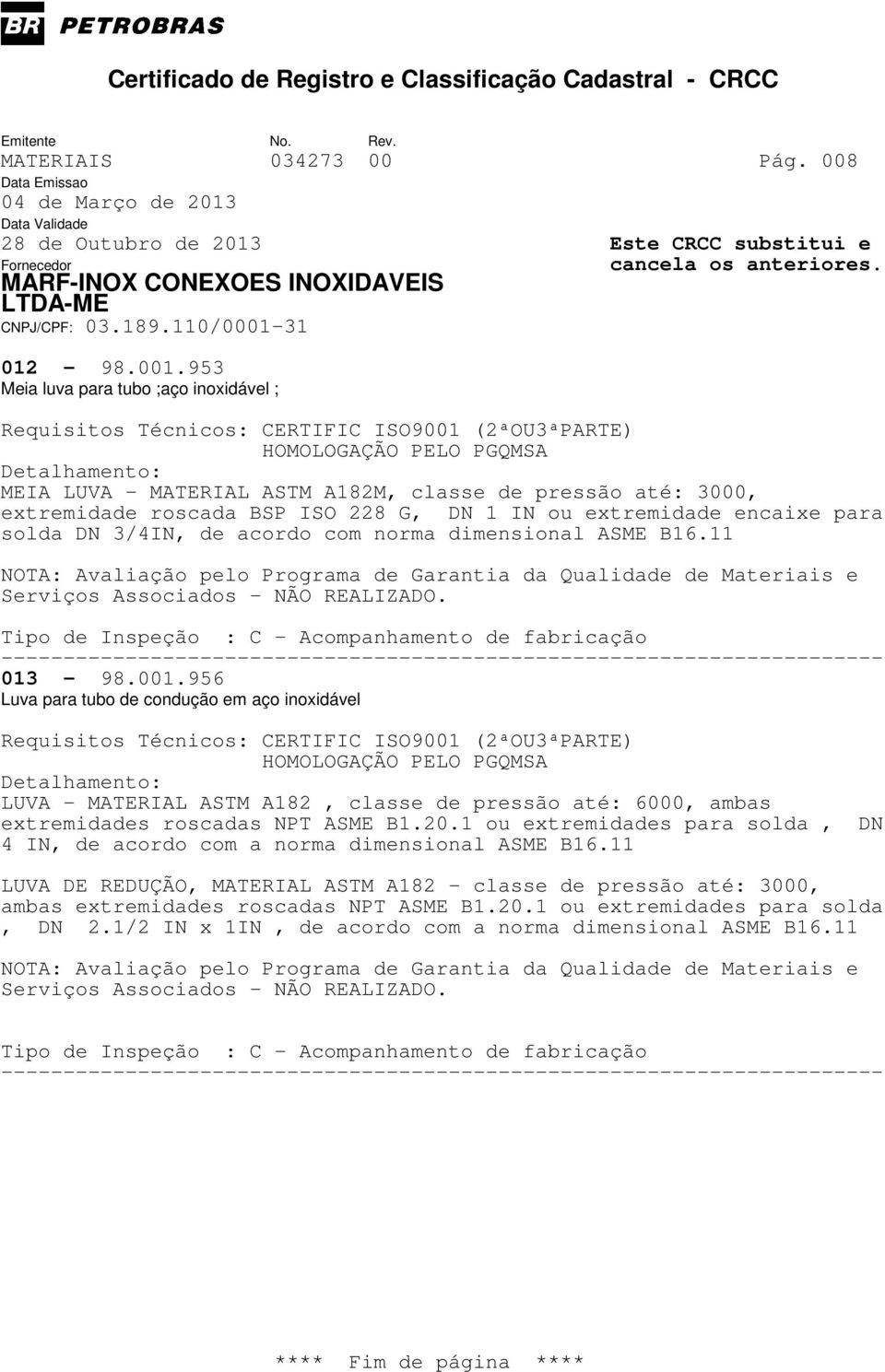 solda DN 3/4IN, de acordo com norma dimensional ASME B16.11 013-98.001.